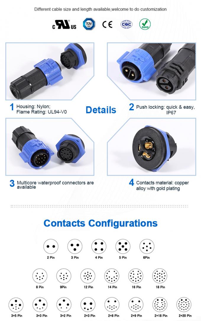 5A Multi Pin Connectors Waterproof , 16 Pin Waterproof Connector M19 Push Lock Cable To Board