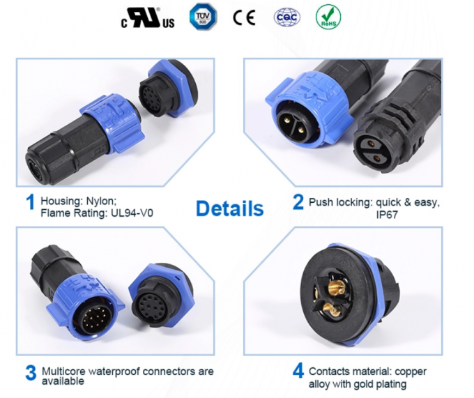 4 Pin Yellow IP67 Power Connector 500V 20A Soldering Type Male Female