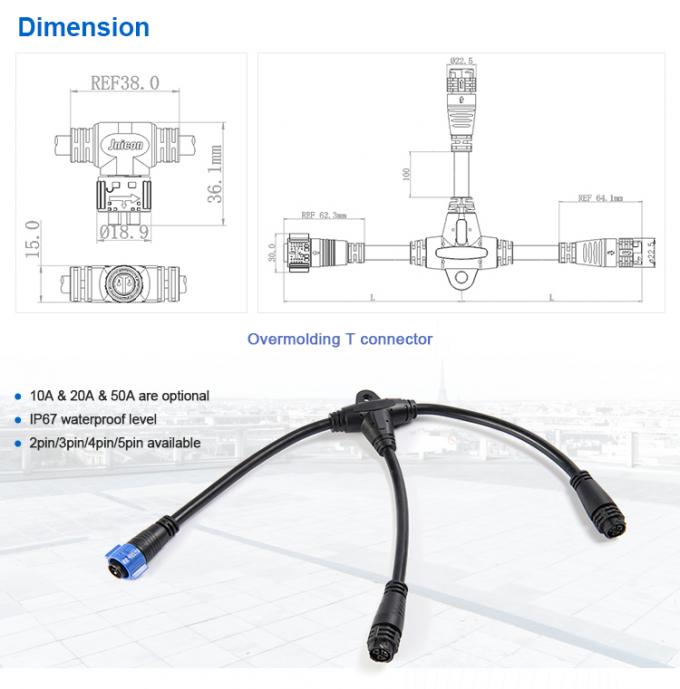 T Shaped Waterproof Power Cable Connectors Outdoor With 2 Female And 1 Male
